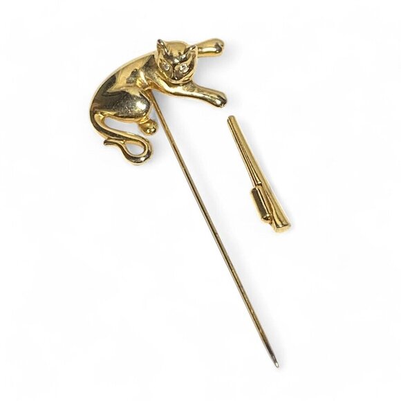 Vintage Gold-Tone Cat Themed Hat Pin With Clear Crystal Rhinestone Eyes 2" - Picture 6 of 6